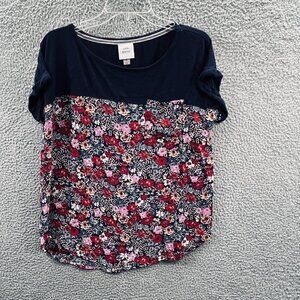 Knox Rose Womens Top Medium Blue‎ Red Floral Short Sleeve Shirt BOHO Stretch